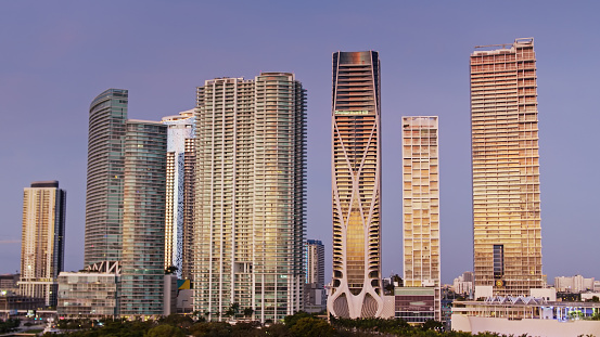 Aerial view of skyscrapers in Miami before sunrise on a spring morning.