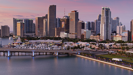 Aerial view of skyscrapers in Miami before sunrise on a spring morning.