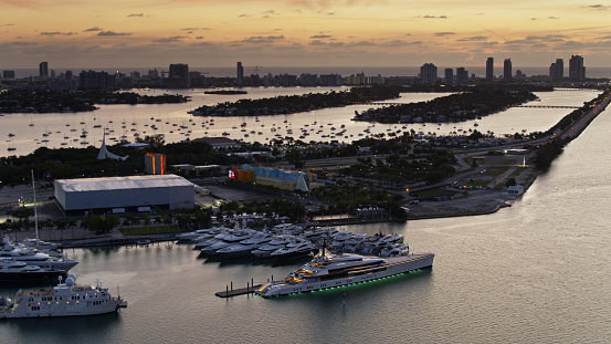 Aerial view of islands in the Bay of Biscayne, Miami at sunrise.