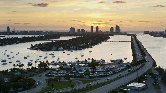 Aerial view of islands in the Bay of Biscayne, Miami at sunrise.