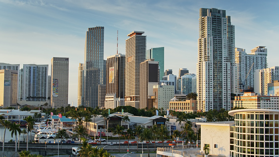Aerial shot of skyscrapers in Downtown Miami at sunrise on a sunny morning in spring.