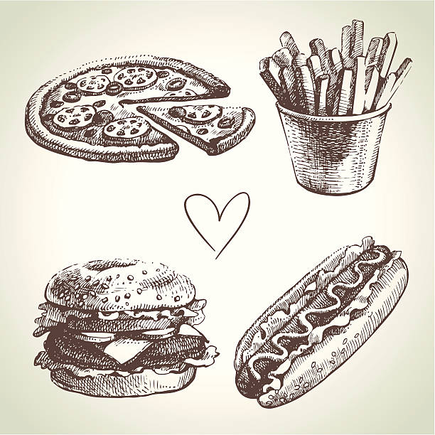 ilustrações de stock, clip art, desenhos animados e ícones de conjunto de fast food - sepia toned illustrations