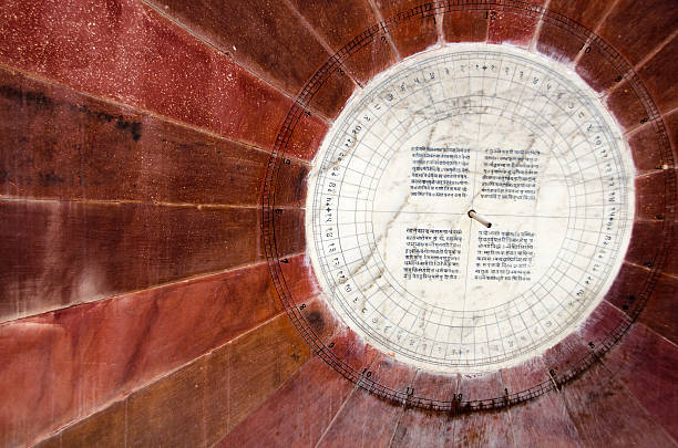 Detail of face of Narivalaya Yantra (sundial) at Jantar Mantar (solar observatory), City Palace, Jaipur, Rajasthan, India. COmposed of white marble and red sandstone. UNESCO World Heritage Site.