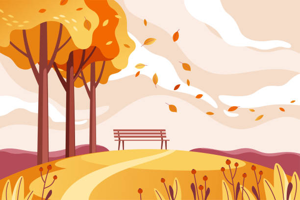 herbstlandschaftshintergrund mit bank. vektor-illustration. - fall background stock-grafiken, -clipart, -cartoons und -symbole