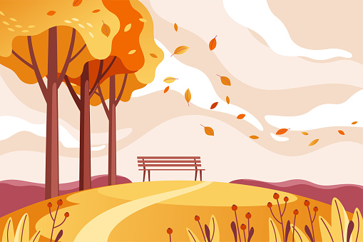 Autumn landscape background with bench. Fall park or forest with foliage trees and leaves falling in. Vector illustration for mobile and web graphics.