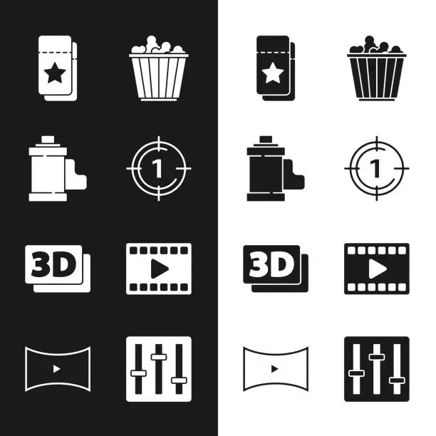 Vector illustration of Set Old film movie countdown frame, Camera roll cartridge, Cinema ticket, Popcorn box, 3D word, Play Video, Sound mixer controller and Online play video icon. Vector