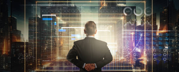 istock Person using online trading interface with charts and statistics on VR computer screen to analyze ETF and ticker price evolution. Sell or buy. Stock exchange trading data and financial investment. 1583454999