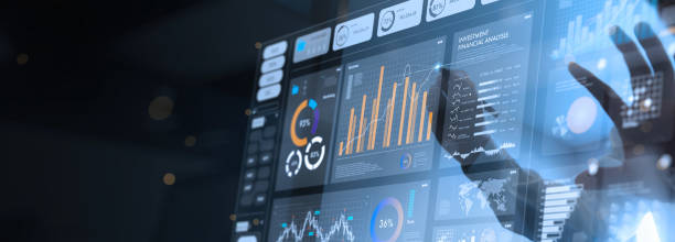 Analyst working with Business Analytics and Data Management System on computer to make report with KPI and metrics connected to database. Corporate strategy for finance, operations, sales, marketing Analyst working on business Ai analytics dashboard with KPI, charts and metrics to analyze data and create insight reports for executives and strategical decisions. Operations and performance management. crm dashboard stock pictures, royalty-free photos & images