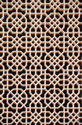 Red sandstone jali (stone screen) at Fathehpur Sikri, Uttar Pradesh, India.