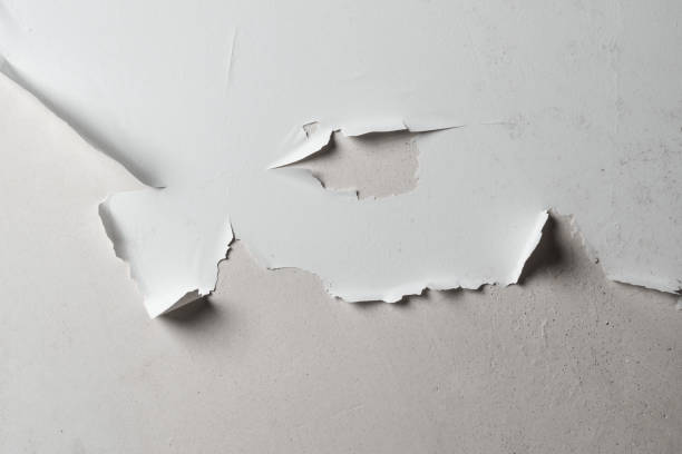 istock Ceiling damage, peeling paint of a rotting wet drywall surface in a room with humidity 1583458536