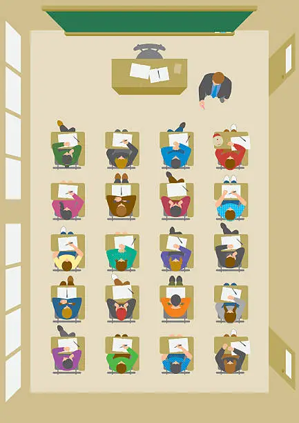 Vector illustration of Overhead view of students studying in classroom