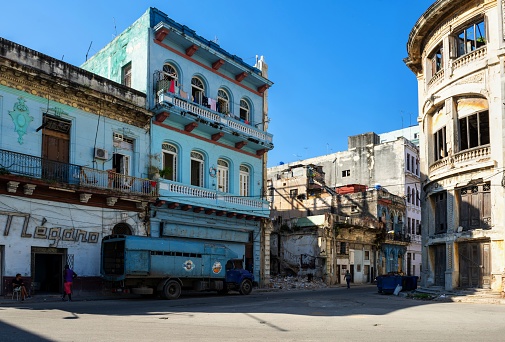 Havana, Cuba, November 21, 2017: View of the neglected houses in the historic district of the Cuban capital on a sunny day.