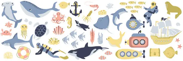 Vector illustration of Vector ocean mega set with whale,turtle,jellyfish,shark,crab,octopus,diver,penguin,squid,dolphin,walrus,ship.Underwater animals.Illustration for fabric,childrens clothing,book,postcard,wrapping paper