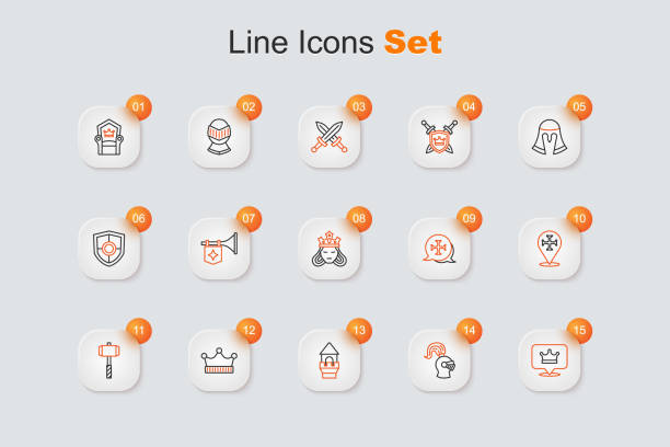 установите линейку «короля», «средневековый шлем», «замковую башню», «боевой молот», «крестовый поход» и значок принцессы или королевы. ве� - battle dress stock illustrations