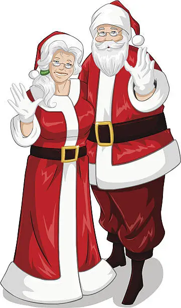 Vector illustration of Santa And Mrs Claus Waving Hands For Christmas
