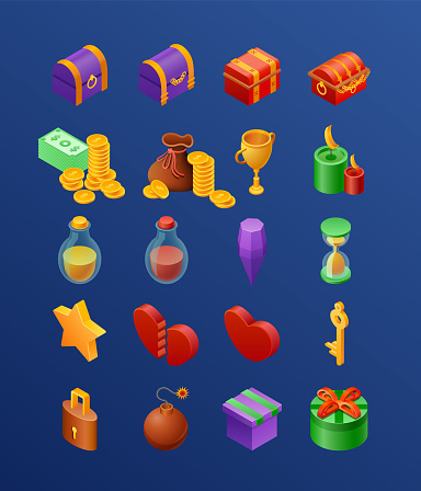 Game, Magic icons. Isometric vector illustration. Life, Treasure, Money, Jewelry, Time, Gift, Reward, Closed Lock, Potion, Elixir.
