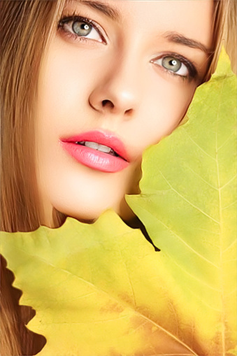 Beauty, autumn makeup and hairstyle, autumnal face portrait of beautiful woman, natural makeup and hair styling for skincare cosmetics, hair care, glamour style and fashion look idea