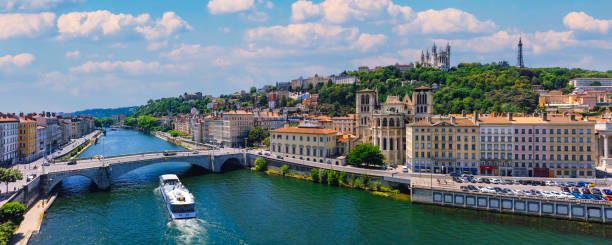 Aerial view of Lyon with Saone river in France stock photo