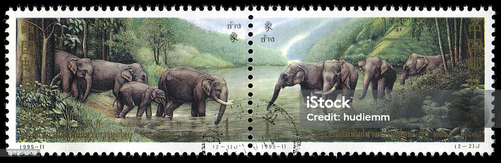 Asian elephants (XXXL) China postage stamp: 1995, Asian elephants with 20th anniversary of diplomatic relations between China and Thailand.  Collection Stock Photo