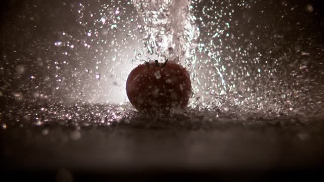 super slow motion of reverse flowing water falling on a tomato