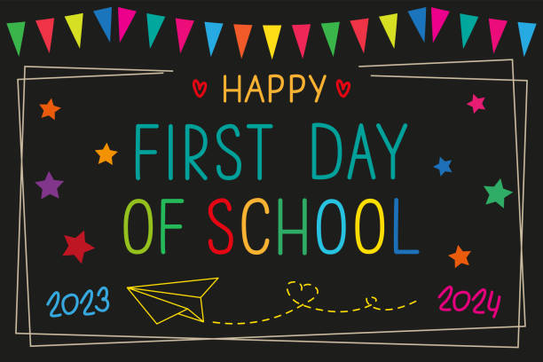 Happy First Day of School greeting card. Text 2023-2024 on black schoolboard with colorful garland. Back to school vector concept. first day of school stock illustrations