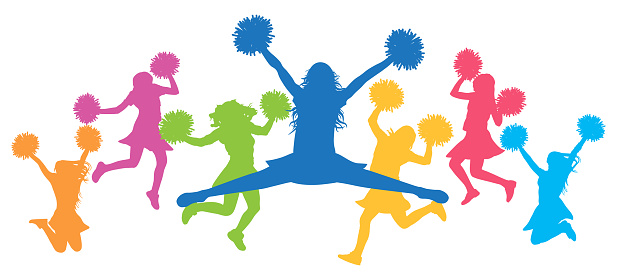 Cheerleading. Color silhouettes of jumping girls with pompoms, cheerleaders. Vector illustration