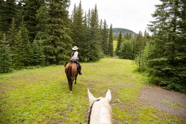 Photo of POV past horse rider to woman horse rider in forest