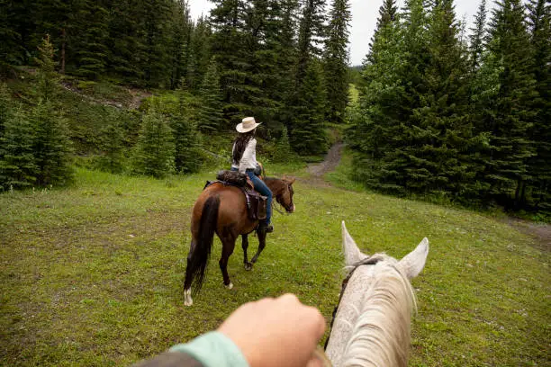 Photo of POV past horse rider to woman horse rider in forest