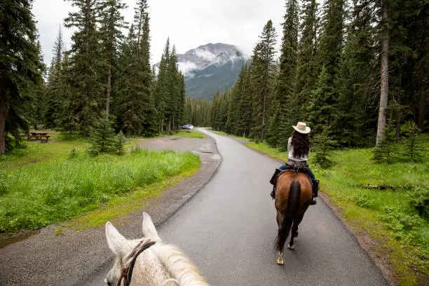 Photo of POV past horse rider to woman horse rider on paved pathway