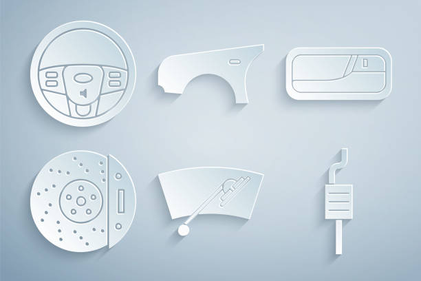 Set Windscreen wiper, Car door handle, brake disk with caliper, muffler, fender and Steering wheel icon. Vector Set Windscreen wiper Car door handle brake disk with caliper muffler fender and Steering wheel icon. Vector. opening door logo stock illustrations