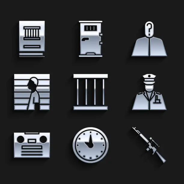 Vector illustration of Set Prison window, Clock, Sniper rifle with scope, Police officer, Retro audio cassette tape, Suspect criminal, Anonymous question mark and Law book icon. Vector