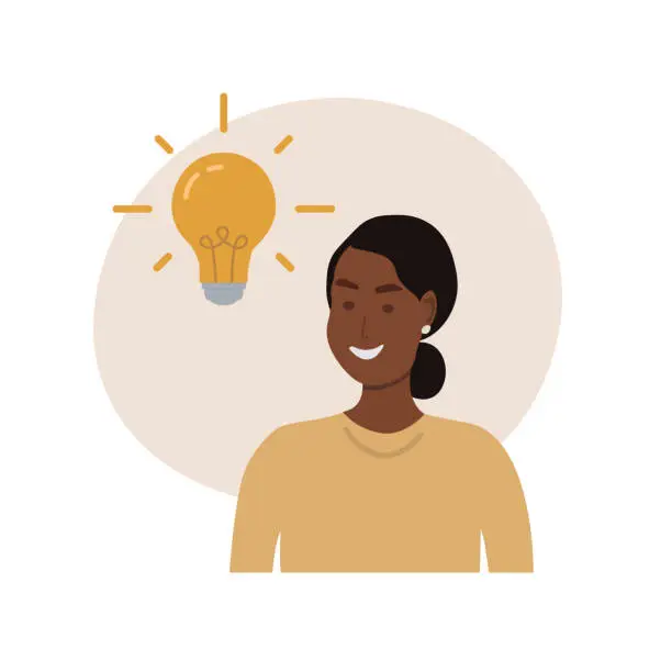 Vector illustration of Young black woman and lamp bulb. In a flat style on the theme of inspiration with an idea. Vector illustration.