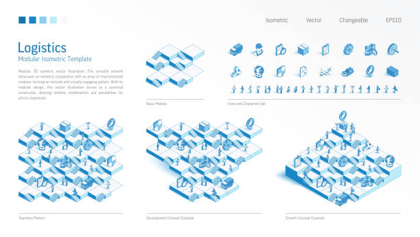 Global Logistics import, export, modular isometric constructor. Seamless pattern base, line icon, character set. Distribution platform. Business infograph Global Logistics import, export, modular isometric constructor. Seamless pattern base, line icon, character set. Develop, growth up stairs, teamwork concept. Distribution platform. Business infograph global logistics infographic stock illustrations
