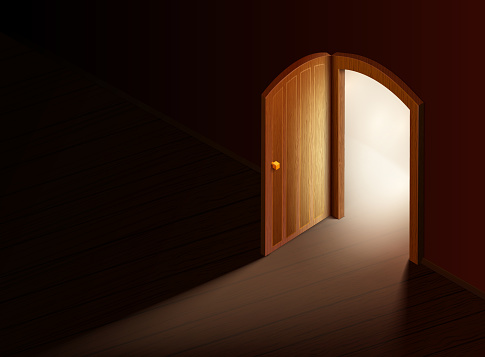 Open door light. A dark room in which light falls from an open door. Exit. Isometric Vector illustration.