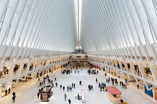 New York City, United States - April 30, 2023: World Trade Center Transportation Hub WTC PATH train station Oculus modern architecture by Santiago Calatrava in New York, United States.