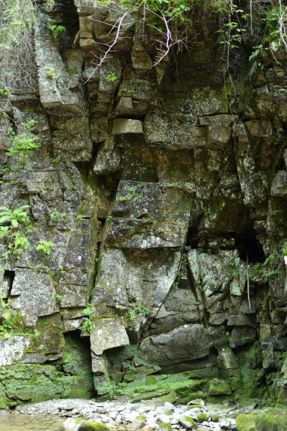 istock Rocky cliff face with a small stream at the bottom. The cliff face is made up of large, angular rocks with moss and other vegetation growing on them. 1583619656