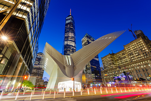 New York City, United States - May 11, 2023: One World Trade Center Transportation Hub WTC PATH train station Oculus modern architecture by Santiago Calatrava in Manhattan New York, United States.