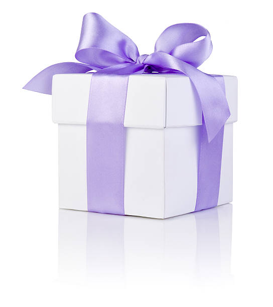 istock One White boxs tied Purple satin ribbon bow Isolated 158362508