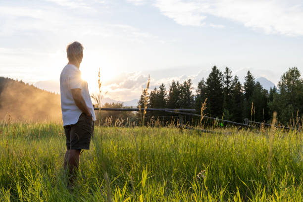 istock Senior man walks through mountain meadow 1583628657