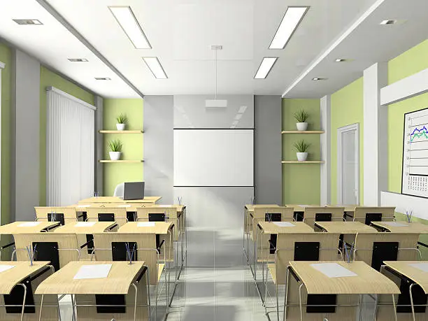 Interior of the lecture-room for seminars, studies, trainings or meetings