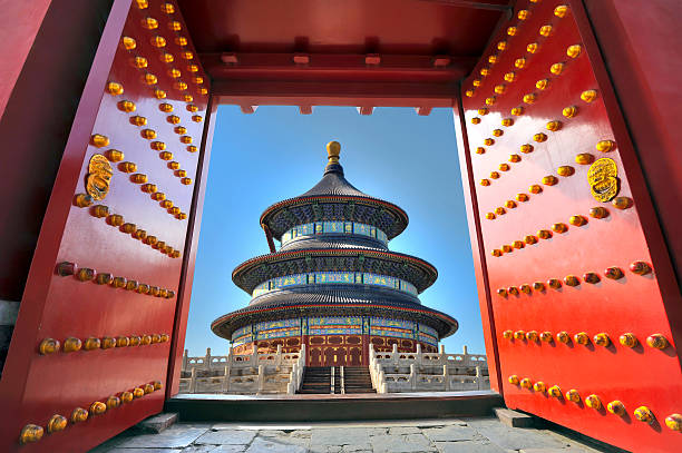 Chinese temple behind red gate doors