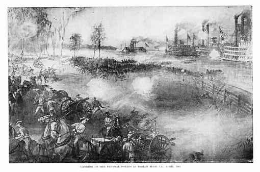 A major American Civil War battle was fought at  on the Sabine River, Indian Bend, Louisiana, United States, Photograph engraving published 1896. Original edition is from my own archives. Copyright has expired and is in Public Domain.