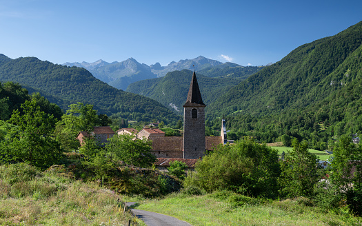 Mountain landscape in the south of France with a steeple in the foreground