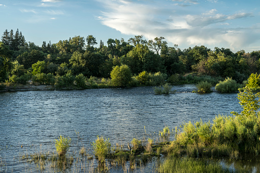 Wide shore view of Sacramento River with clouds in the background.\n\nTaken along the shore of the Sacramento River, River Bend Park, Sacramento, California, USA