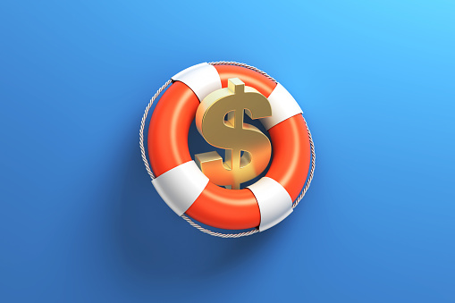 Life buoy and American Dollar sign on blue background. Horizontal composition with copy space.