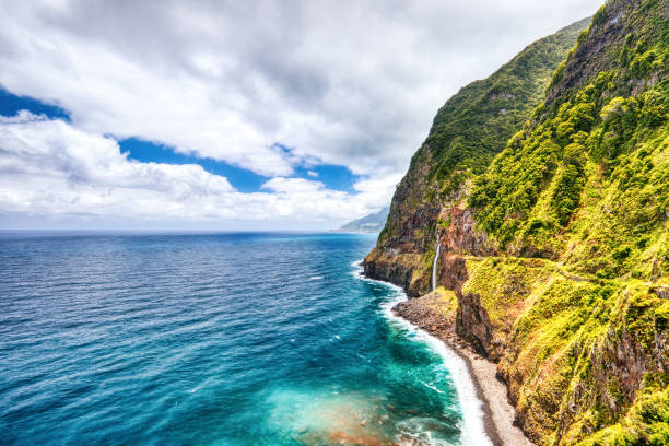 istock Madeira Wild Coast with Waterfall view from Veu da Noiva Viewpoint 1583729833