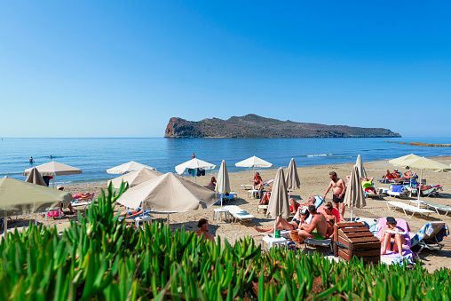 Beach with island view in Agia Marina. Chania, Crete. Greek Islands.