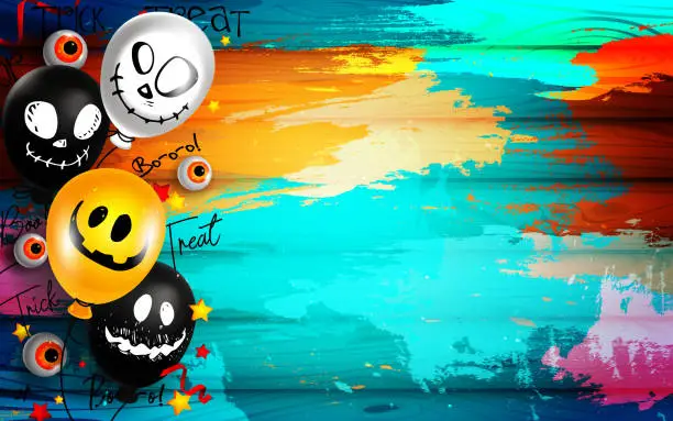 Vector illustration of Halloween and discount concept in cartoon style. Multicolored balloons with hand drawn muzzles on abstract grunge wooden background with spooky eyes. Creative stylish template with copy space.