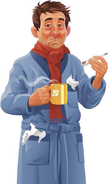 Man With a Bad Cold Illustration of a man having a cold and flu isolated on white. He is wearing a bathrobe and holding a cup of hot tea and a thermometer in his hands. EPS 10, fully editable and labeled in layers. Transparency effects used. stubble stock illustrations