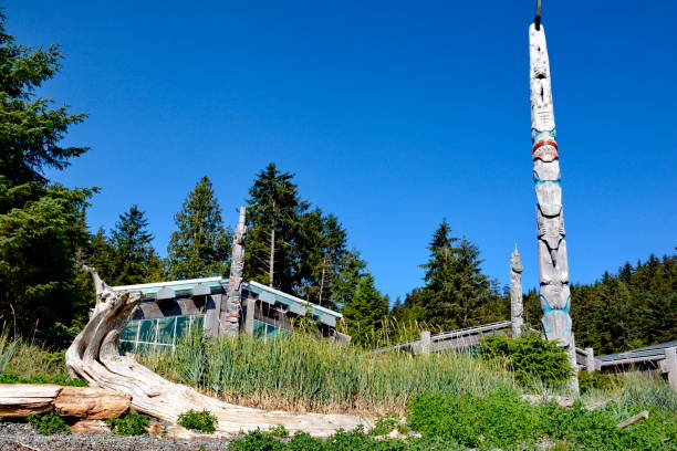 Skidegate, Haida Gwaii, British Columbia, Canada,  July 7, 2023: The Haida Heritage Centre the premier cultural centre of the Haida Nation and it’s people. Skidegate, Haida Gwaii, British Columbia, Canada,  July 7, 2023: The Haida Heritage Centre the premier cultural centre of the Haida Nation and it’s people. haida gwaii totem poles stock pictures, royalty-free photos & images